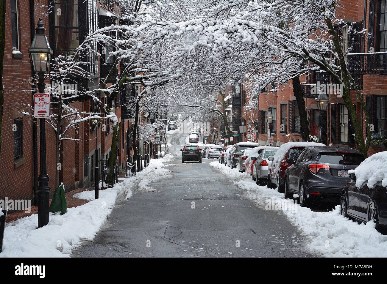 Brick homes and gas street lamps in Beacon Hill in downtown Boston after a Nor'Easter storm