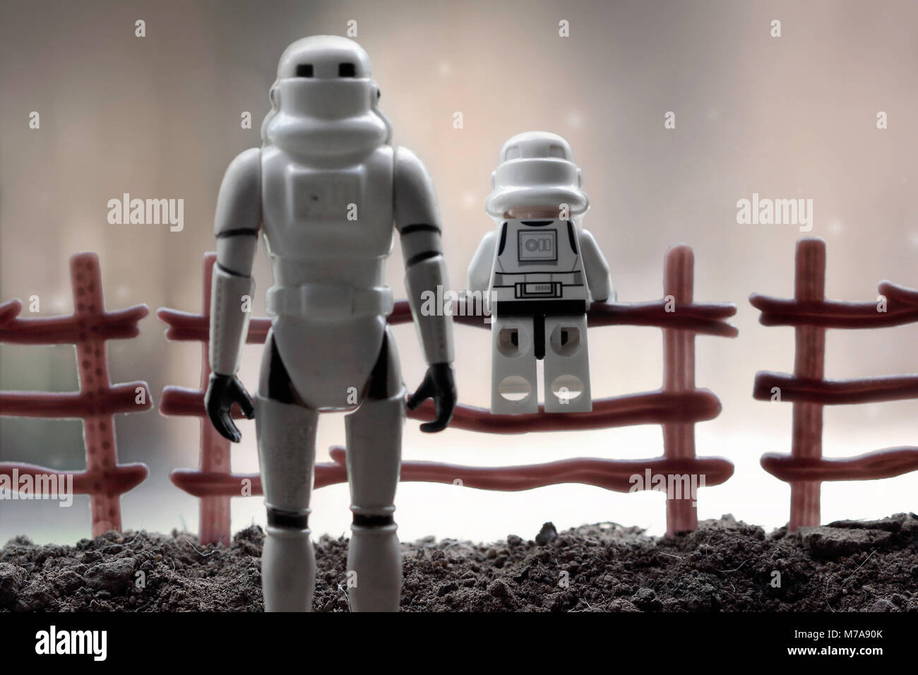 Lego Stormtrooper Star Stormtrooper figure father and son enjoying a view Stock Photo -