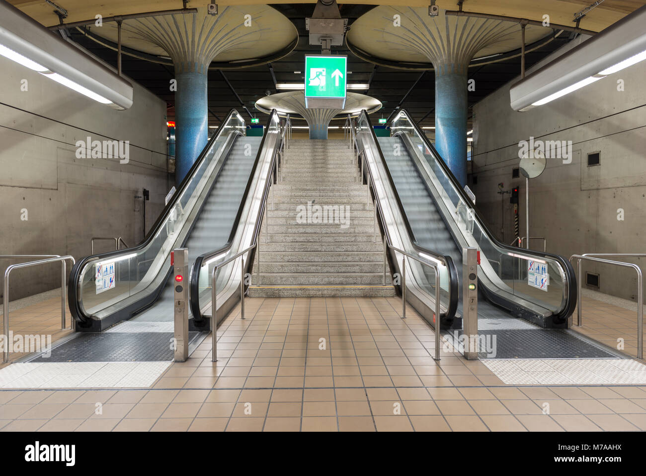 Stairs and escalators, platform of the subway station Opernplatz, city centre, Frankfurt am Main, Hesse, Germany Stock Photo