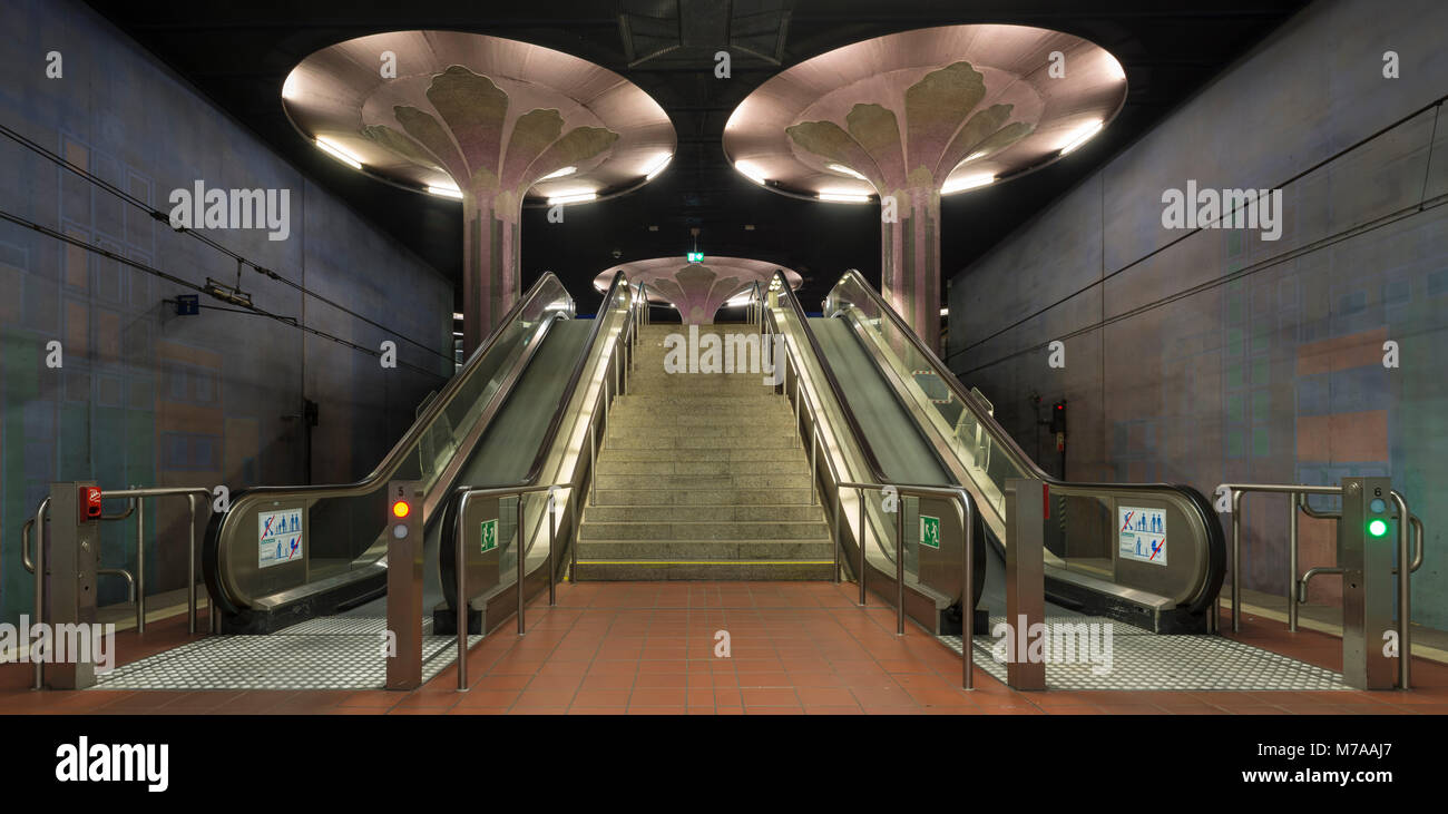 Stairs and escalators, platform of the subway station Westend, Westend, Frankfurt am Main, Hesse, Germany Stock Photo