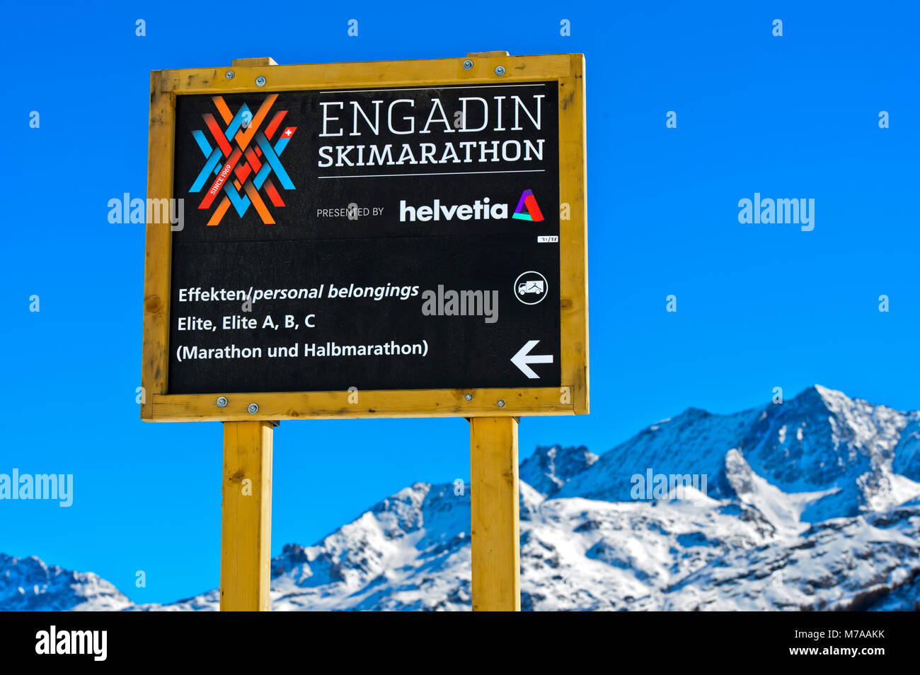 Information sign for the annual sports event Engadin Ski Marathon, Maloja, Engadine, Graubünden, Switzerland Stock Photo