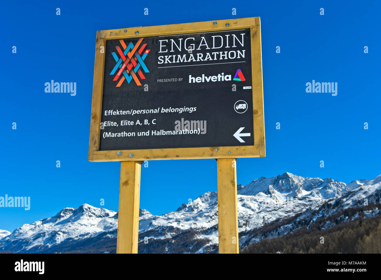 Information sign for the annual sports event Engadin Ski Marathon, Maloja, Engadine, Graubünden, Switzerland Stock Photo