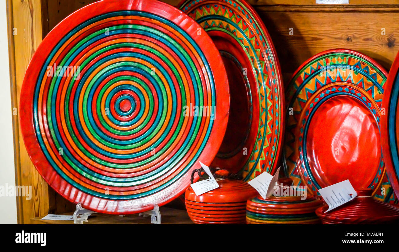 Colorful plate with decorative spiral pattern sold as souvenir in a tourist shop Stock Photo