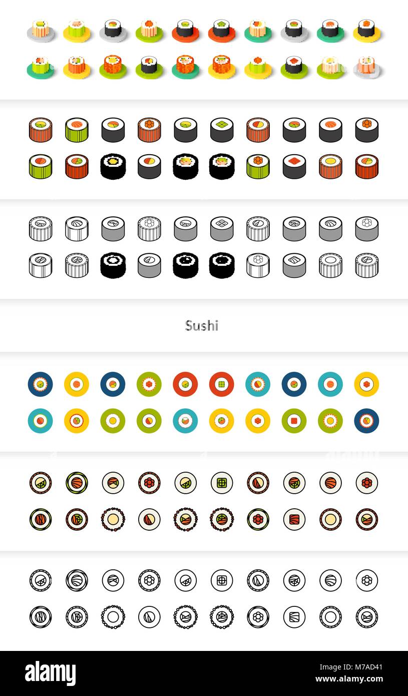 Set of icons in different style - isometric flat and otline, colored ...