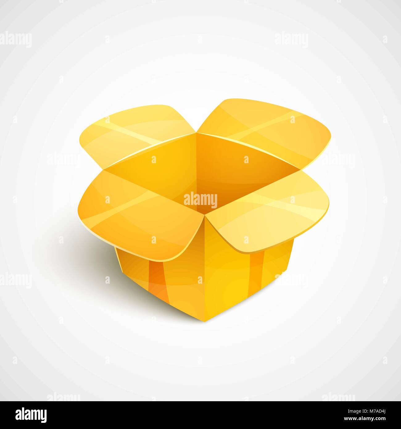 Empty cardboard packaging, open gold box icon in cartoon style, vector