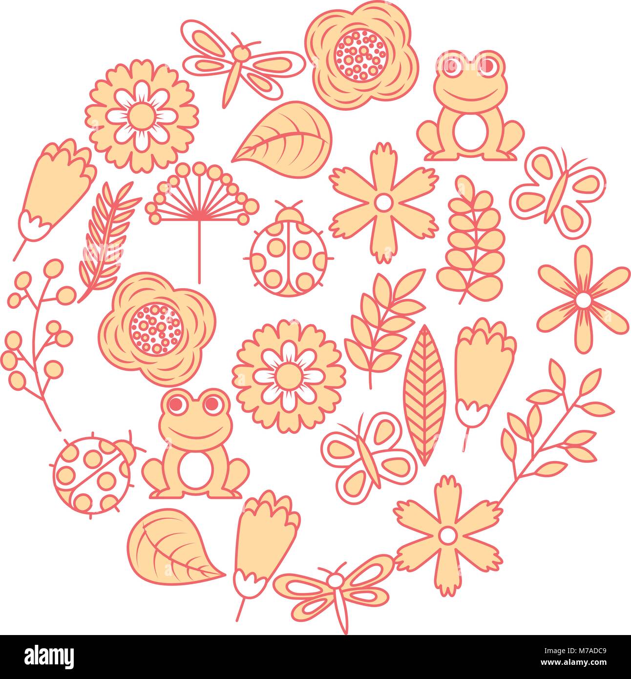 set of spring theme nature flowers love birds butterflies ladybugs frog dragonfly Stock Vector