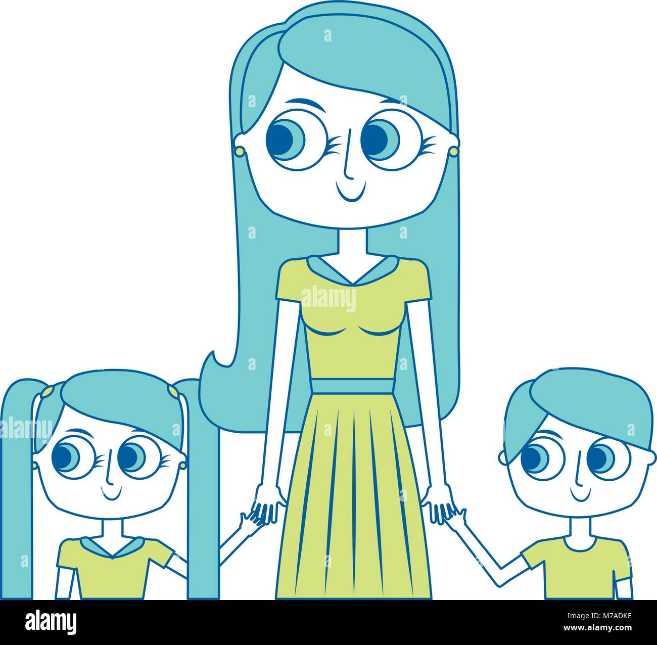 mother and her kids together holding hands portrait Stock Vector