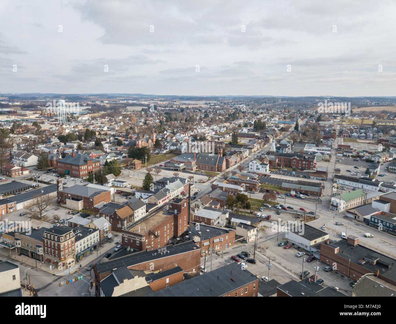 Aerial of Downtown Hanover, Pennsylvania next to the Square Stock Photo