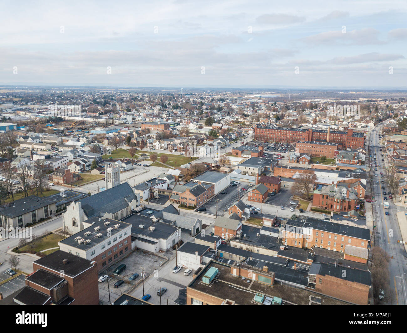 Aerial of Downtown Hanover, Pennsylvania next to the Square Stock Photo
