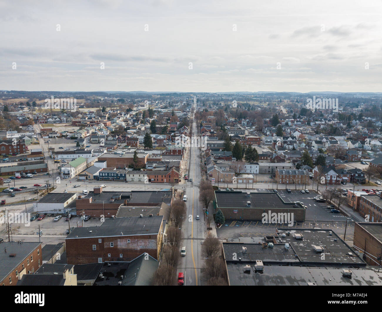 Aerial of Downtown Hanover, Pennsylvania next to the Square Stock Photo