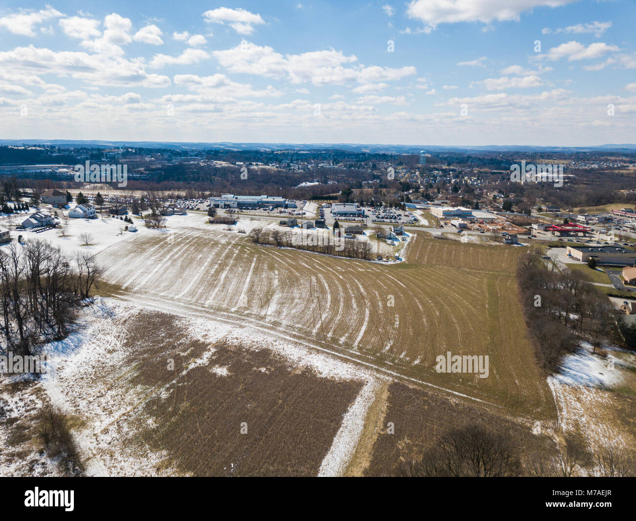 Aerial of Rural Farmland and Suburbs in Red Lion, Pennsylvania Stock