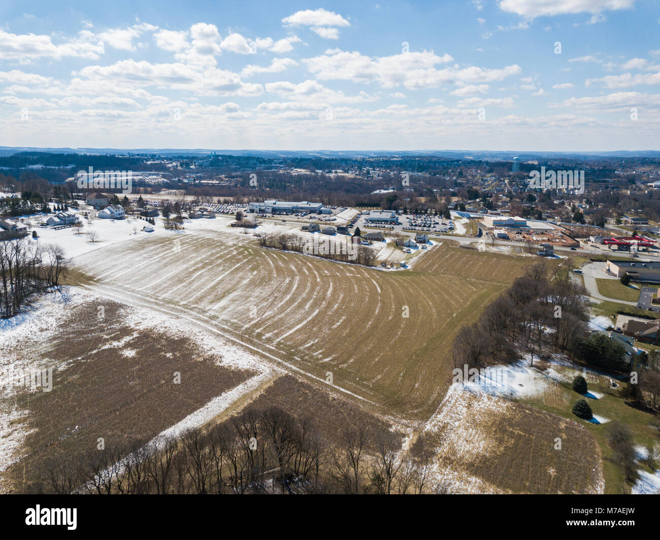 Aerial of Rural Farmland and Suburbs in Red Lion, Pennsylvania Stock