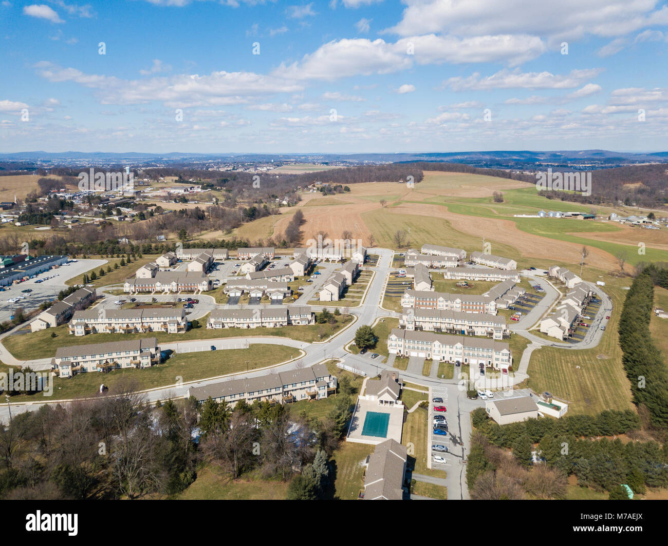 Aerial of Rural Farmland and Suburbs in Red Lion, Pennsylvania Stock