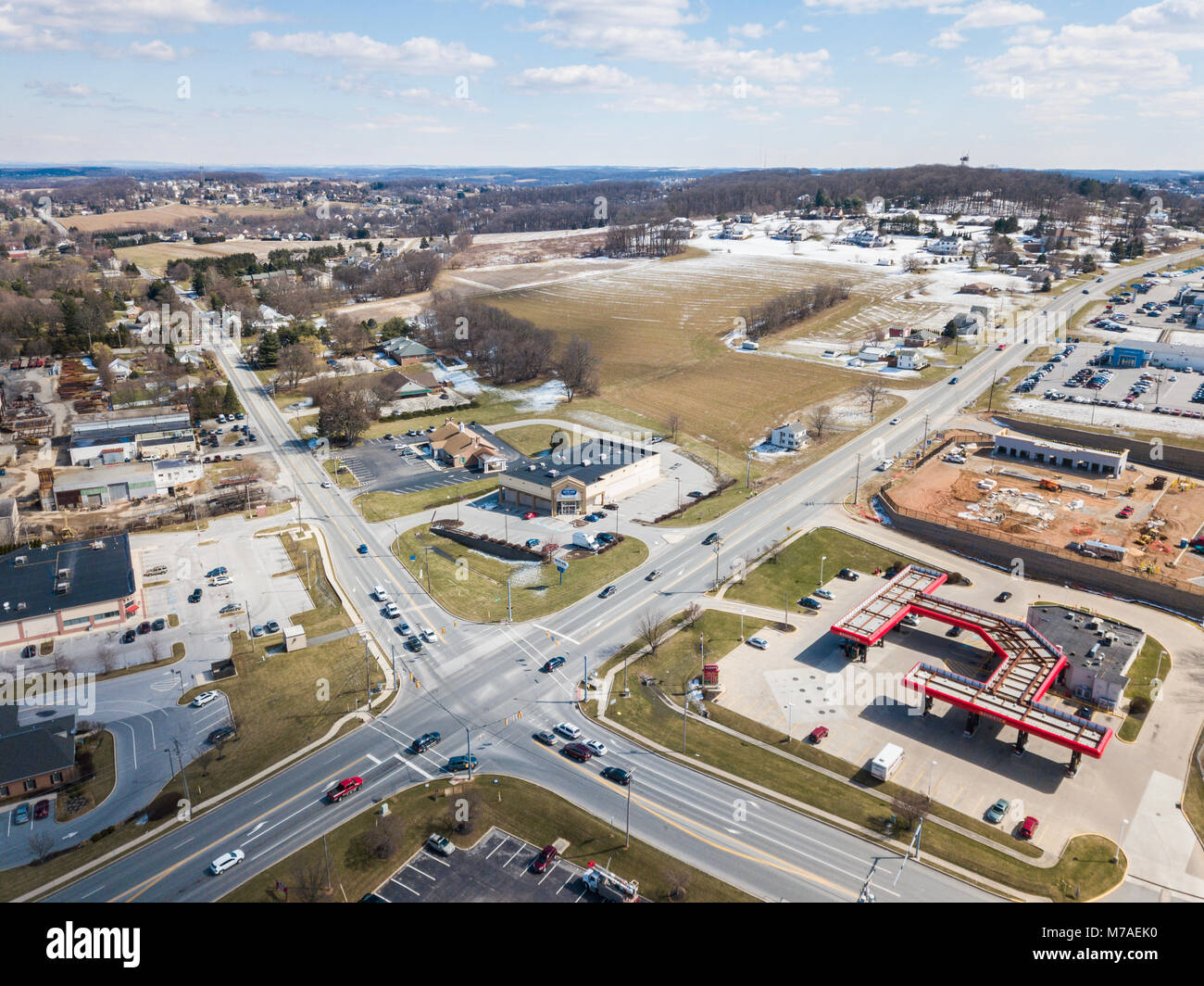 Aerial of Rural Farmland and Suburbs in Red Lion, Pennsylvania Stock Photo