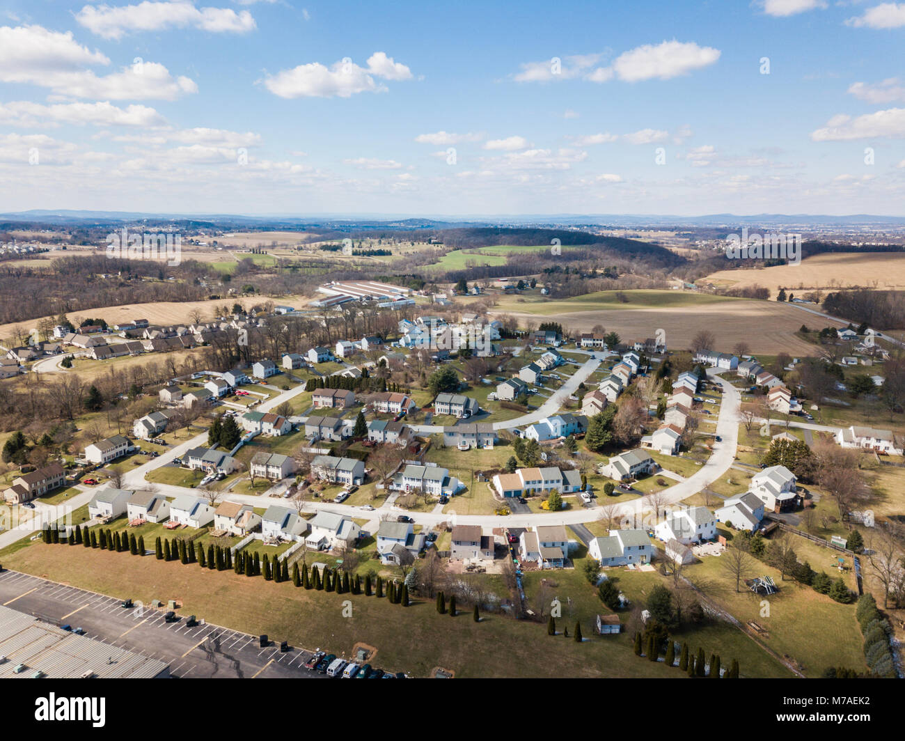 Aerial of Rural Farmland and Suburbs in Red Lion, Pennsylvania Stock Photo