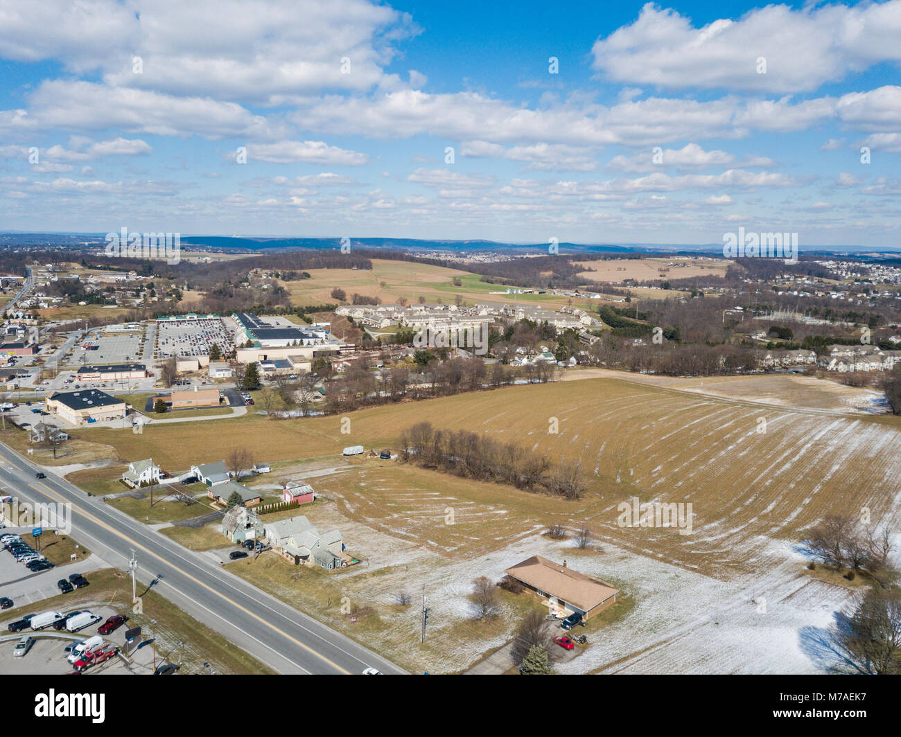 Aerial of Rural Farmland and Suburbs in Red Lion, Pennsylvania Stock