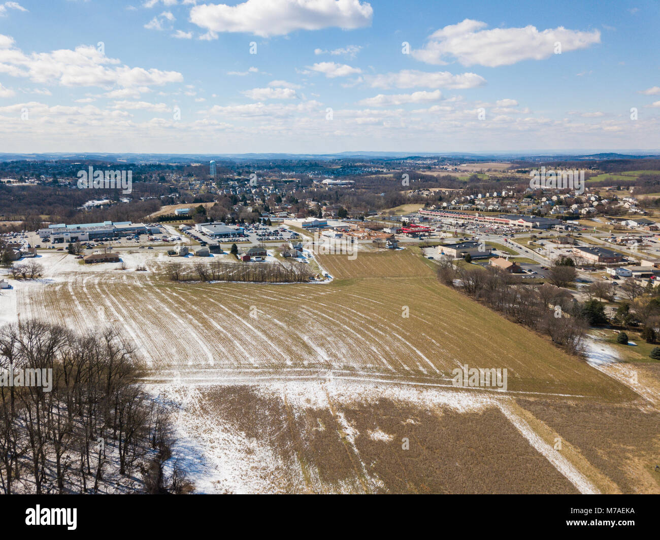 Aerial of Rural Farmland and Suburbs in Red Lion, Pennsylvania Stock