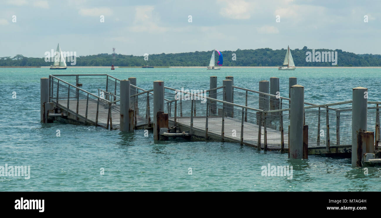 A floating pontoon attached to the Chek Jawa Broadwalk  on the island of Palau Ubin, Singapore. Stock Photo