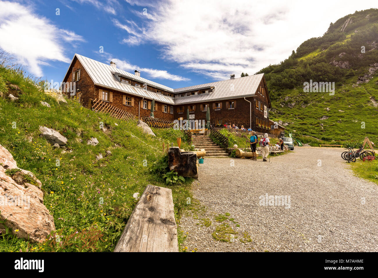 Austria, Vorarlberg, Lechquellen Mountains, Dalaas, Freiburger Hütte in summer Stock Photo