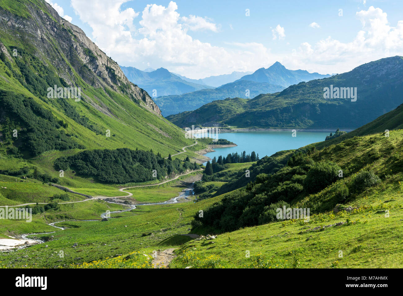 Austria, Vorarlberg, Lechquellen Mountains, Dalaas, view from the Spullersee in the Lechquellen Mountains Stock Photo