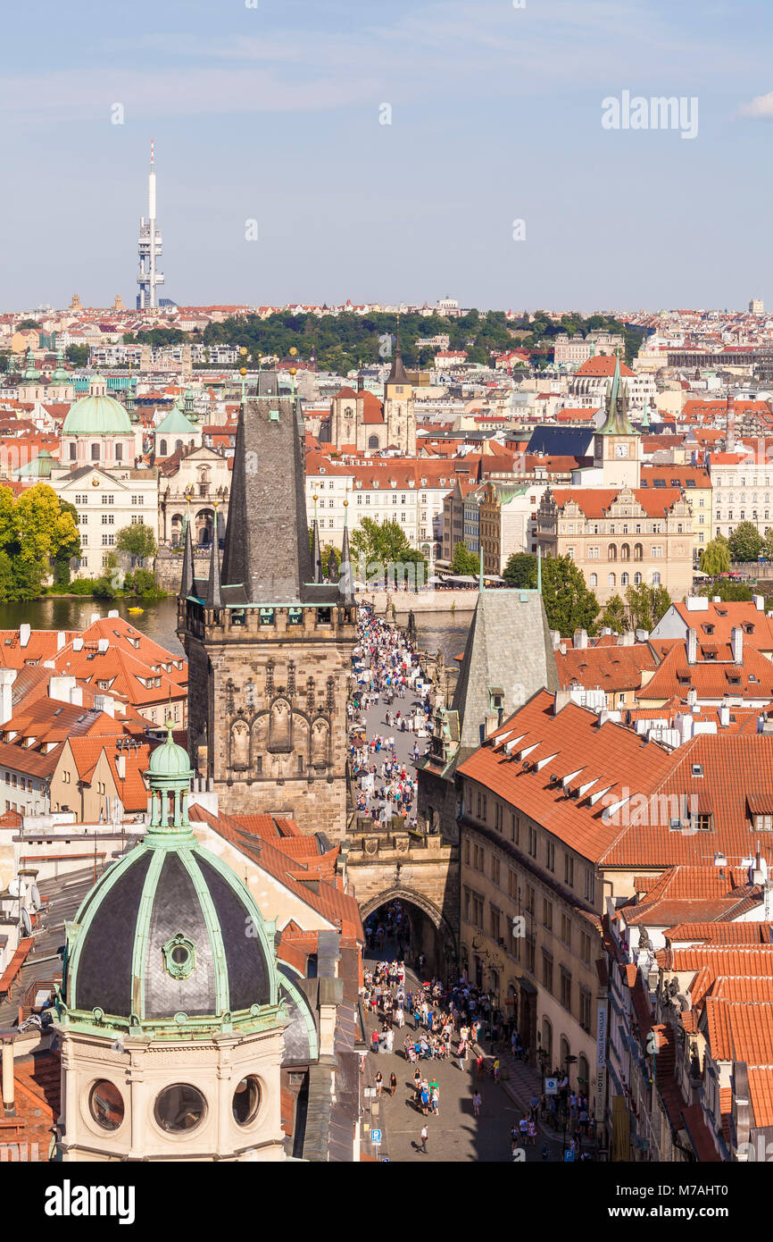 Czechia, Prague, town view, view from the small side over bridge tower and Charles bridge to the Old Town Stock Photo