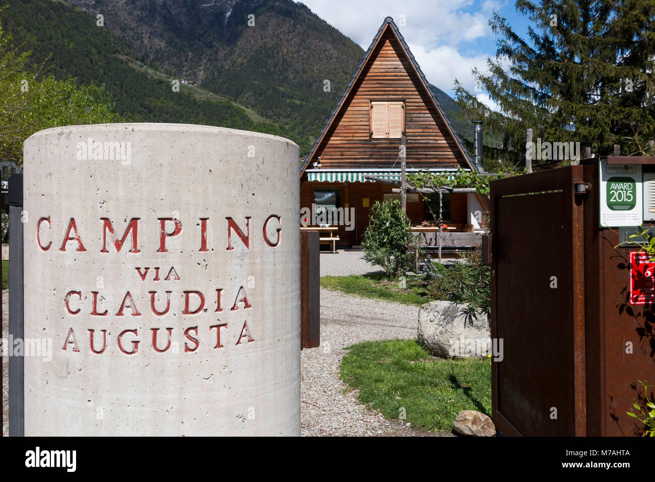 Entrance portal camping site via Claudia Augusta in Algund close Merano  Stock Photo - Alamy