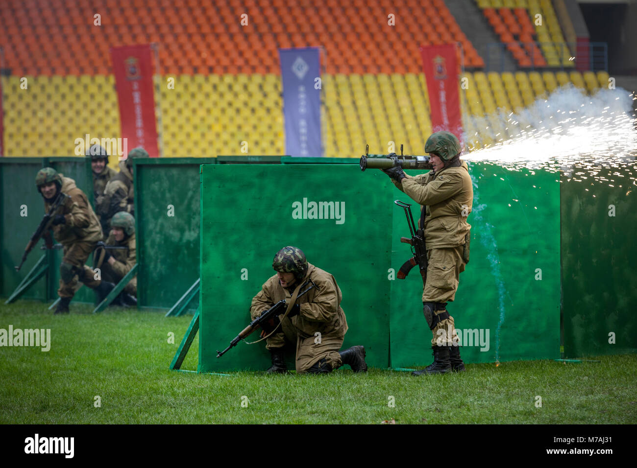 A demonstrative performance of police special forces - 'seizure of terrorists' at Moscow stadium Luzhniki during the Police day, Russia Stock Photo