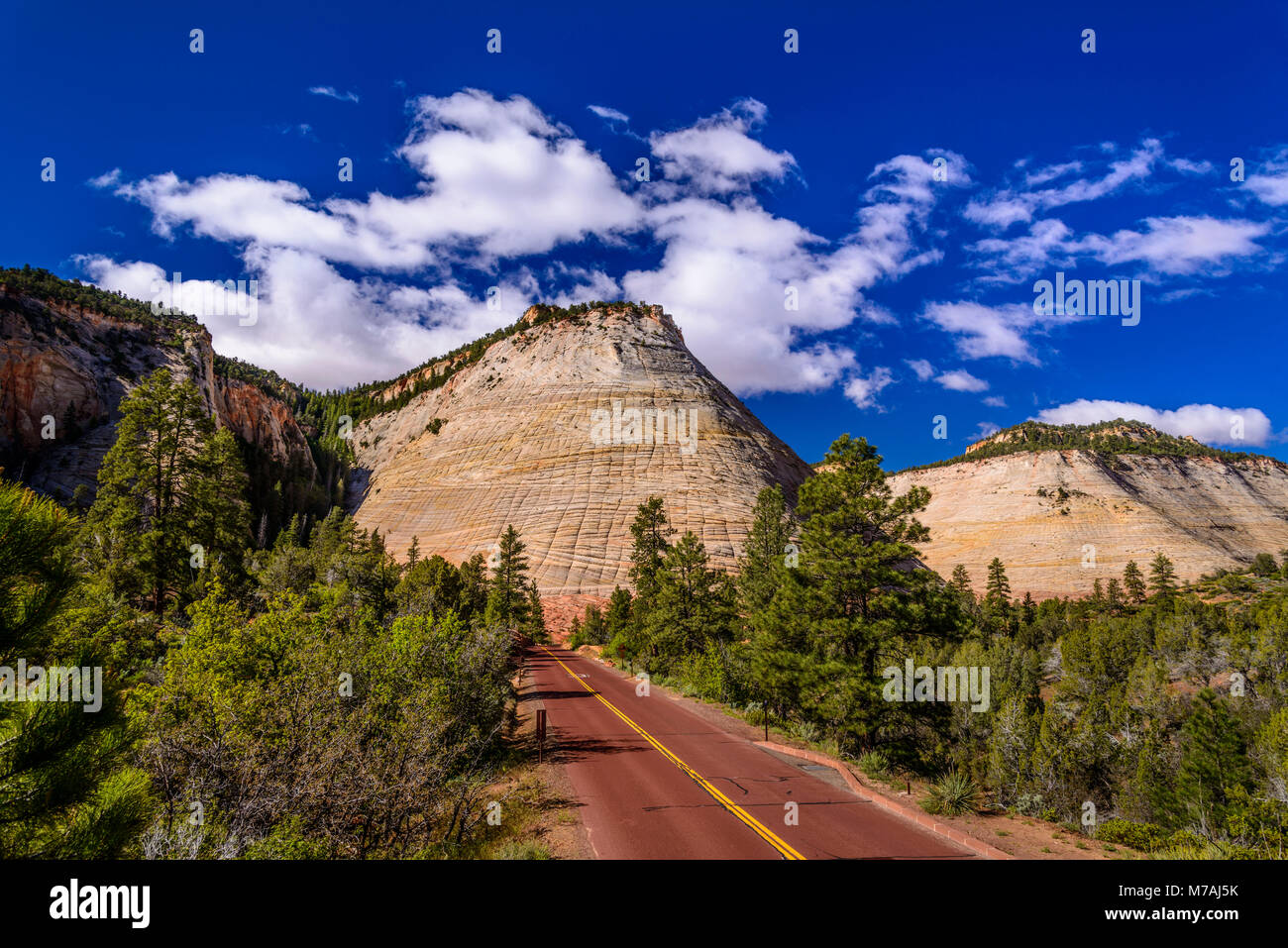 The USA, Utah, Washington county, Springdale, Zion National Park, part of town, Zion - Mount Carmel Highway, Checkerboard Mesa Stock Photo