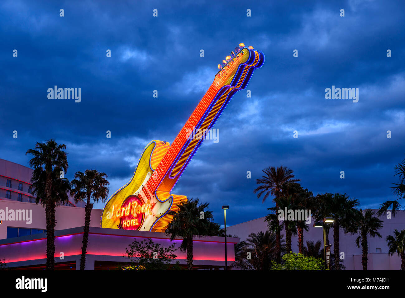 The USA, Nevada, Clark County, Las Vegas, East Harmon Avenue, hard rock hotel, entry, guitar, luminous object Stock Photo