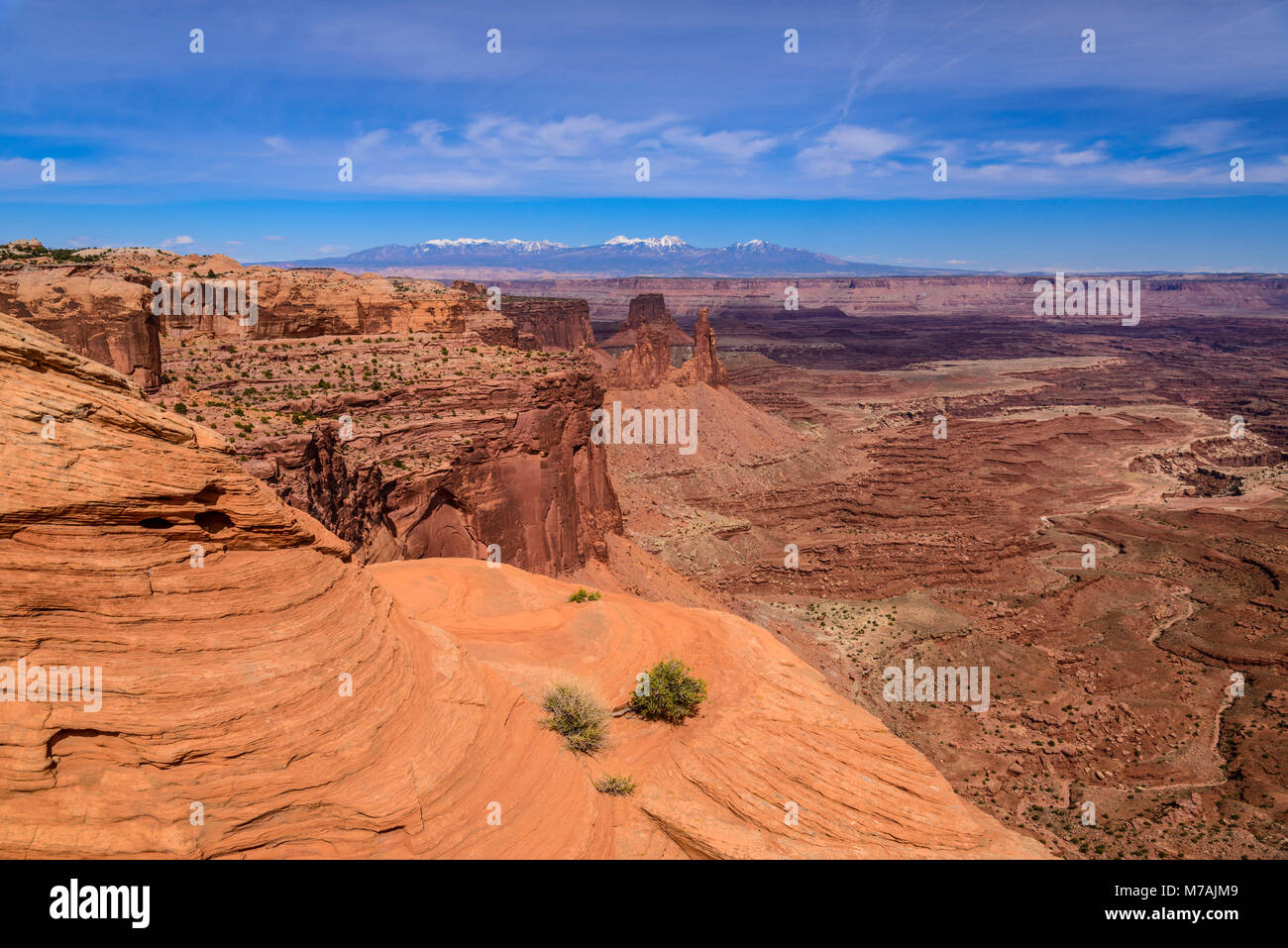 The USA, Utah, San Juan county, Moab, Canyonlands National Park, Island in the Sky, View into the Mesa Arch towards La Sal Mountains Stock Photo