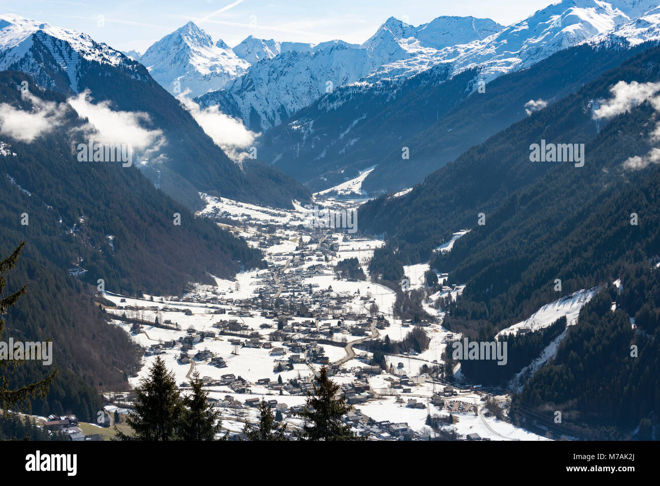 Austria, Montafon, view from the Grasjochbahn (cableway) to Gortipohl and Gaschurn. Stock Photo