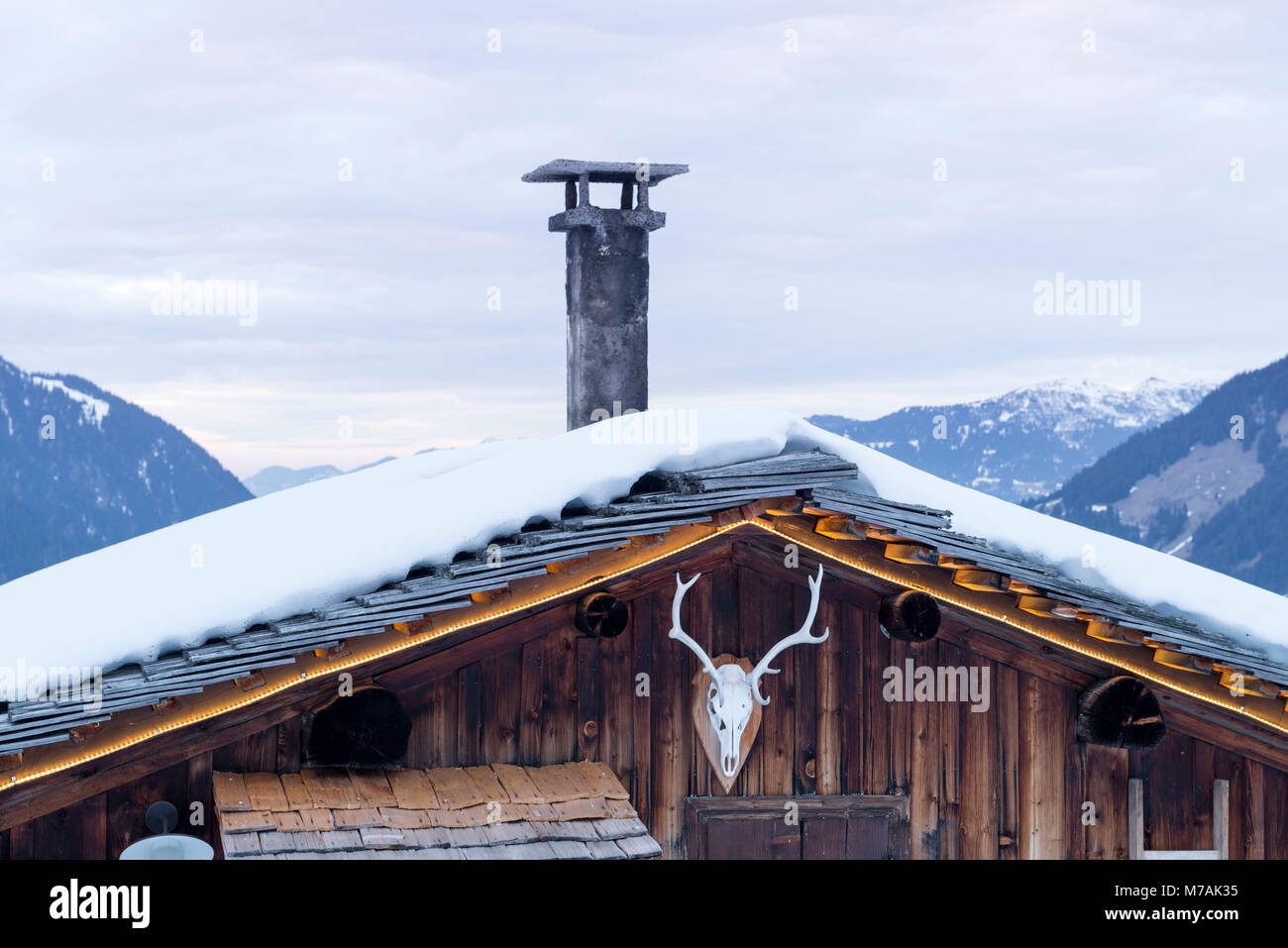 Austria, Montafon, Garfrescha alp village (1550 m), on the upper side of St. Gallenkirch. Quaint ski hut in the alp village. Stock Photo