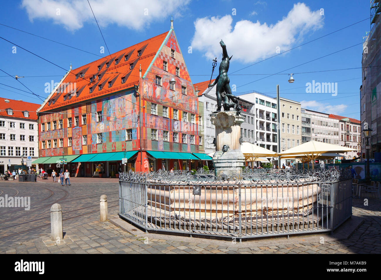 Weberhaus, Maximilianstrasse, Moritzplatz with Merkurbrunnen (fountain), Old Town, Augsburg, Swabian, Bavaria, Germany, Europe Stock Photo