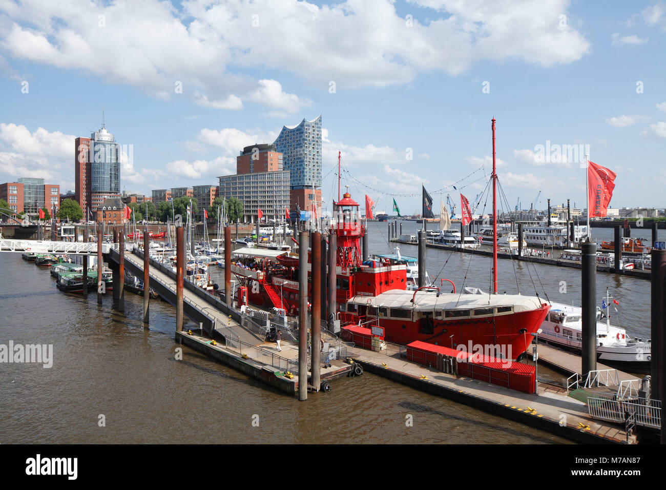Niederhafen with lightship, Elbphilharmonie, Hanseatic Trade Center (HDC) and Niederbaumbrücke, harbour city, Hamburg, Germany, Europe Stock Photo