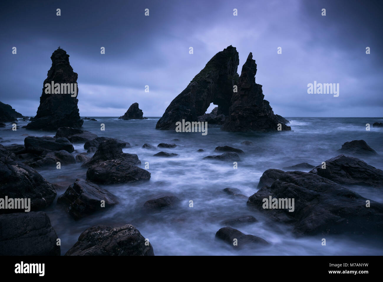 Rock formations 'The Breeches', Crohy Head, County Mayo, Ireland, daybreak, Blue Hour, Stock Photo