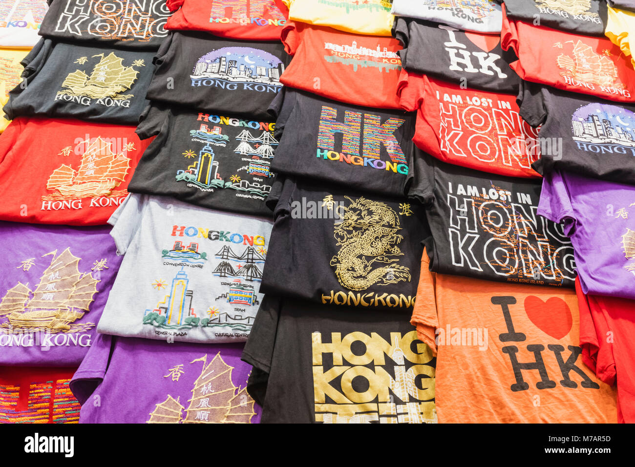 China, Hong Kong, Mong Kok, Ladies Market, Souvenir Hong Kong T.Shirts Stock Photo