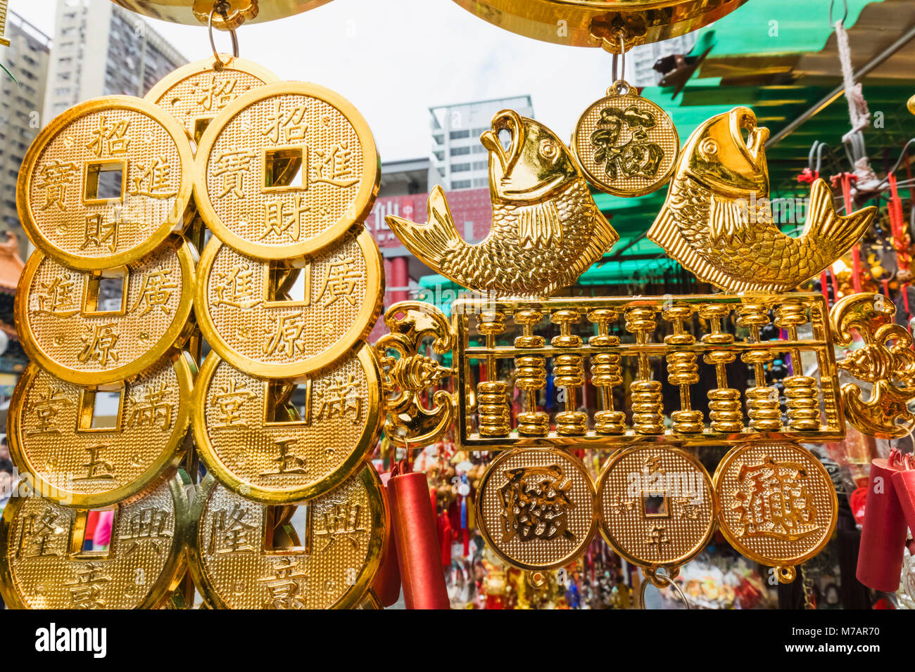 China, Hong Kong, Kowloon, Wong Sai Tin Temple, Lucky Charm Shop Display Stock Photo