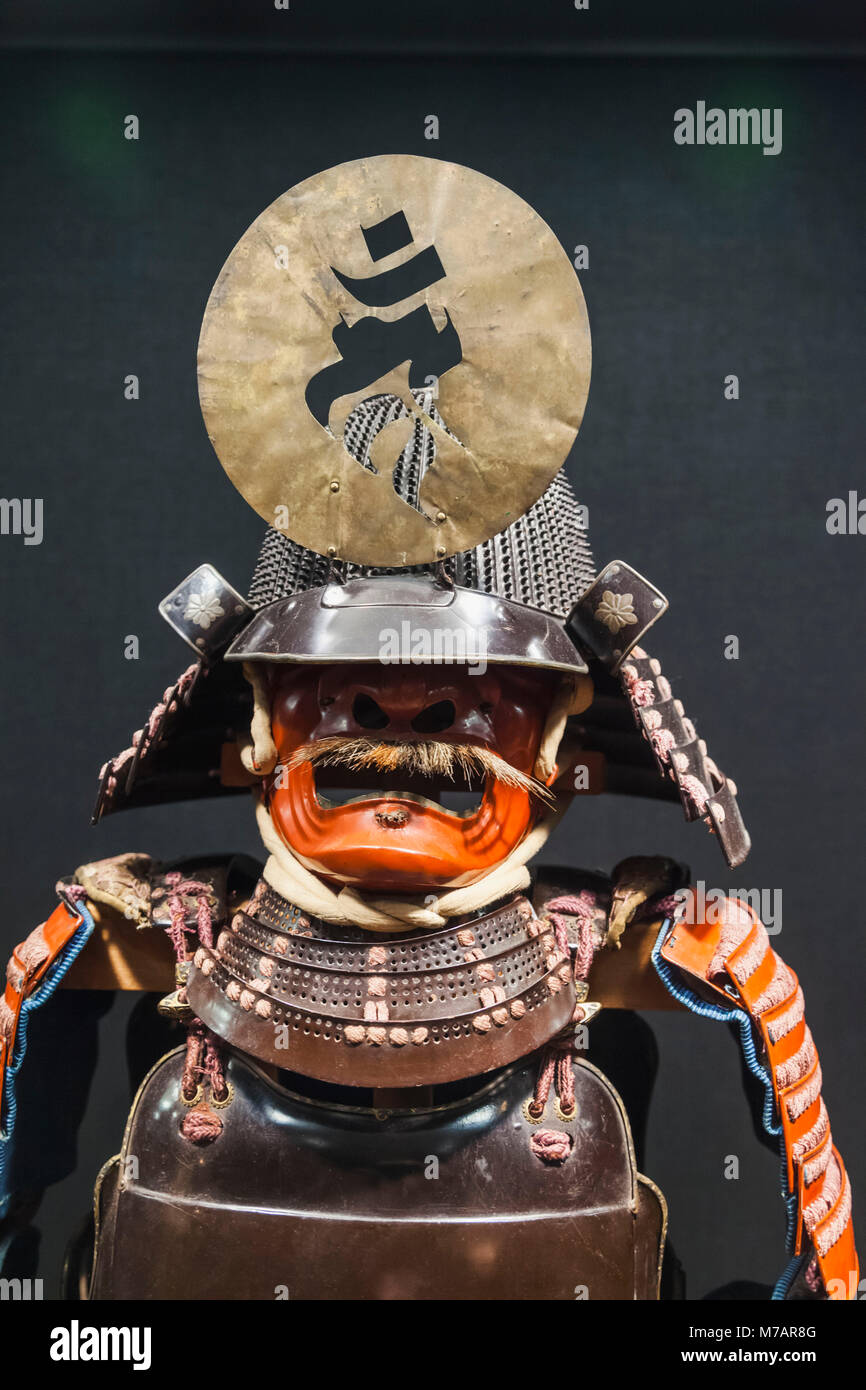 Japan, Honshu, Kanagawa Prefecture, Odawara, Odawara Castle, Tokiwagimon Gate, Samurai Gallery, Exhibit of Historic Japanese Armour Stock Photo