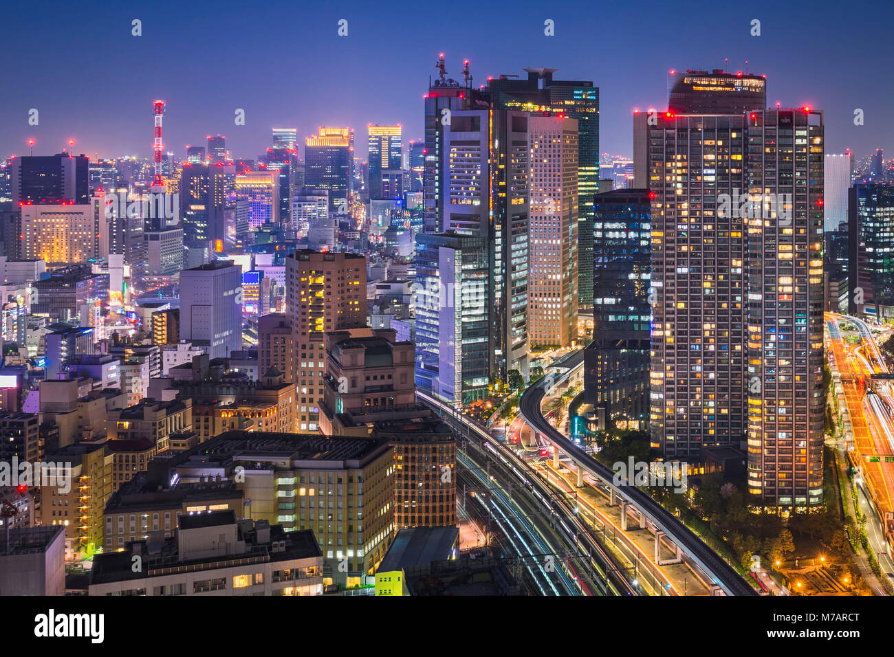 Night skyline of Tokyo with the Skytree in the background, Japan Stock Photo