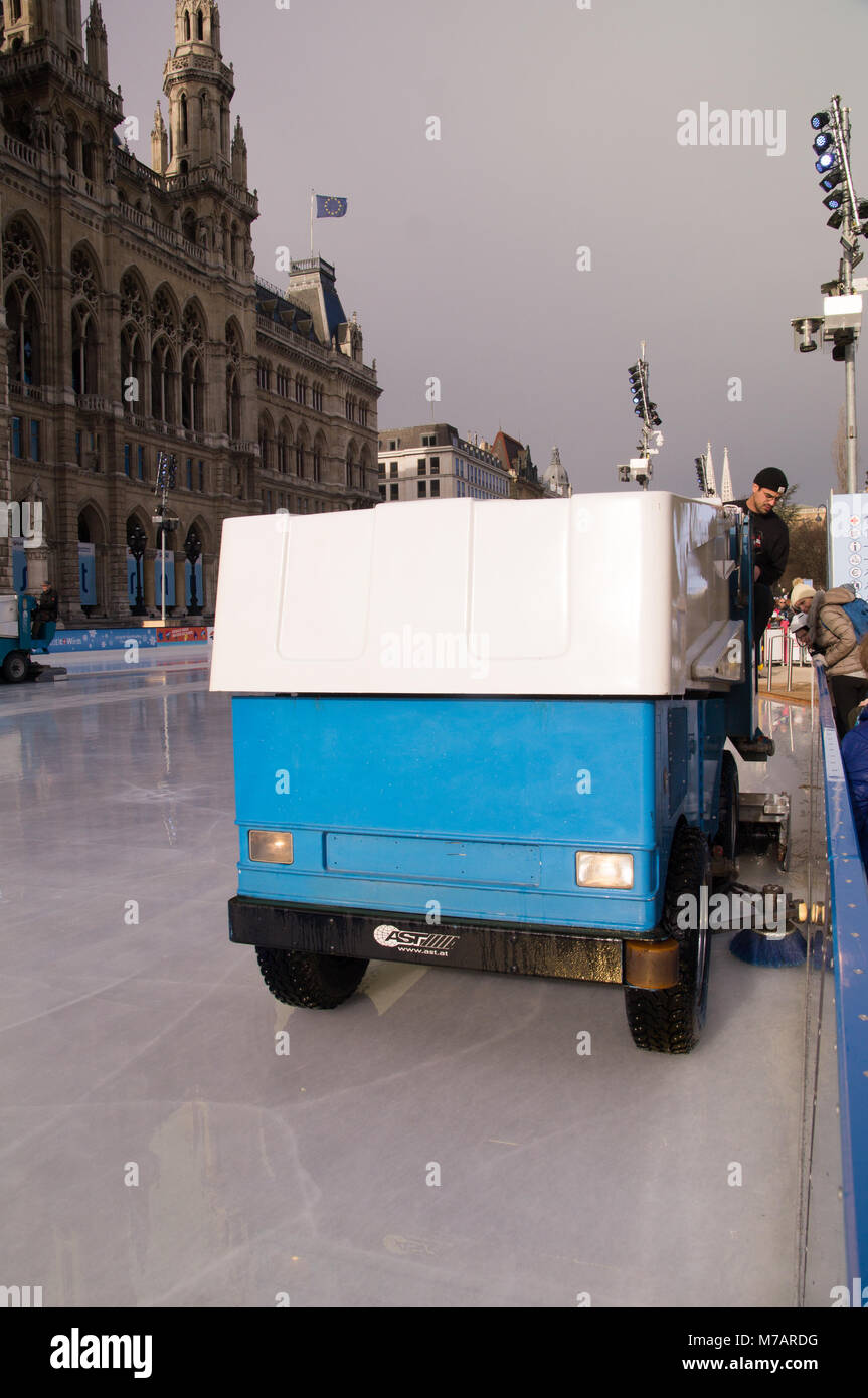 Zamboni cleaning ice in Vienna infront of Rathaus Vienna Stock Photo