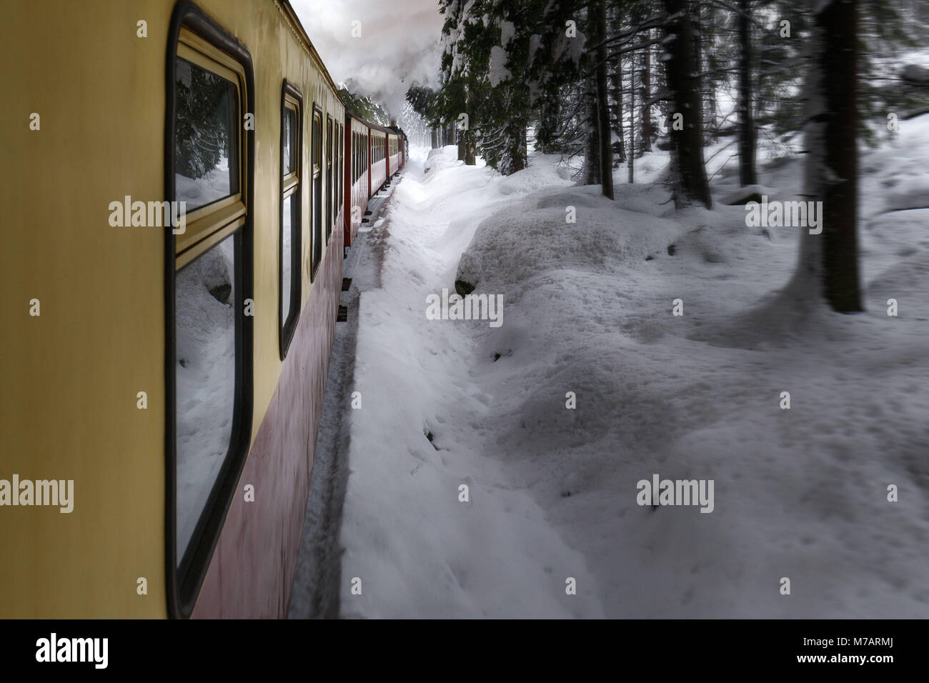 Train ride to the Brocken through winter landscape Stock Photo
