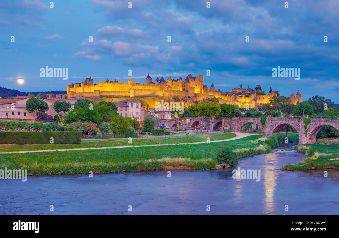 France,  Aude region, Carcassonne city, la cite, medieval fortress, W.H., sunset, skyline, the moon, Stock Photo