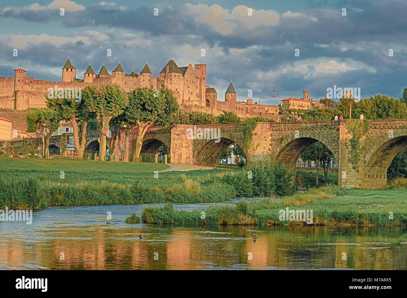 France,  Aude region, Carcassonne city, la cite, medieval fortress, W.H., sunset, skyline, Stock Photo