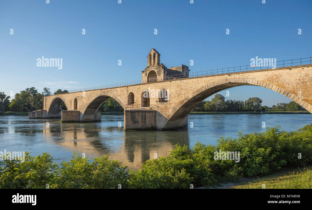 France, Provence region, Avignon city, St. Benezet Bridge, W.H., Rhone river, Stock Photo