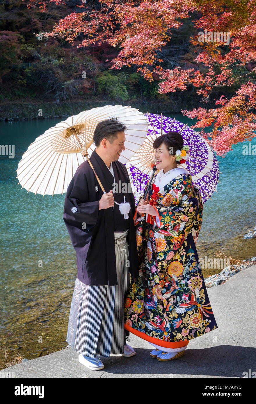 Japan, Kyoto City, Arashi Yama, Wedding, Autumn Leaves Stock Photo