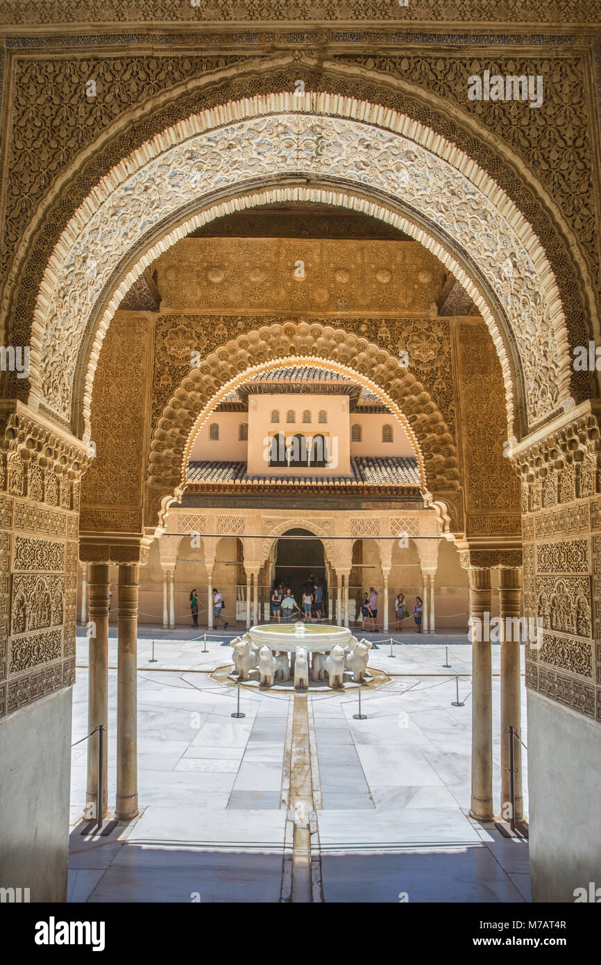 Spain, Andalucia, Granada City, The Alhambra, UNESCO (W.H.),Court of Lions, Lions Fountain Stock Photo