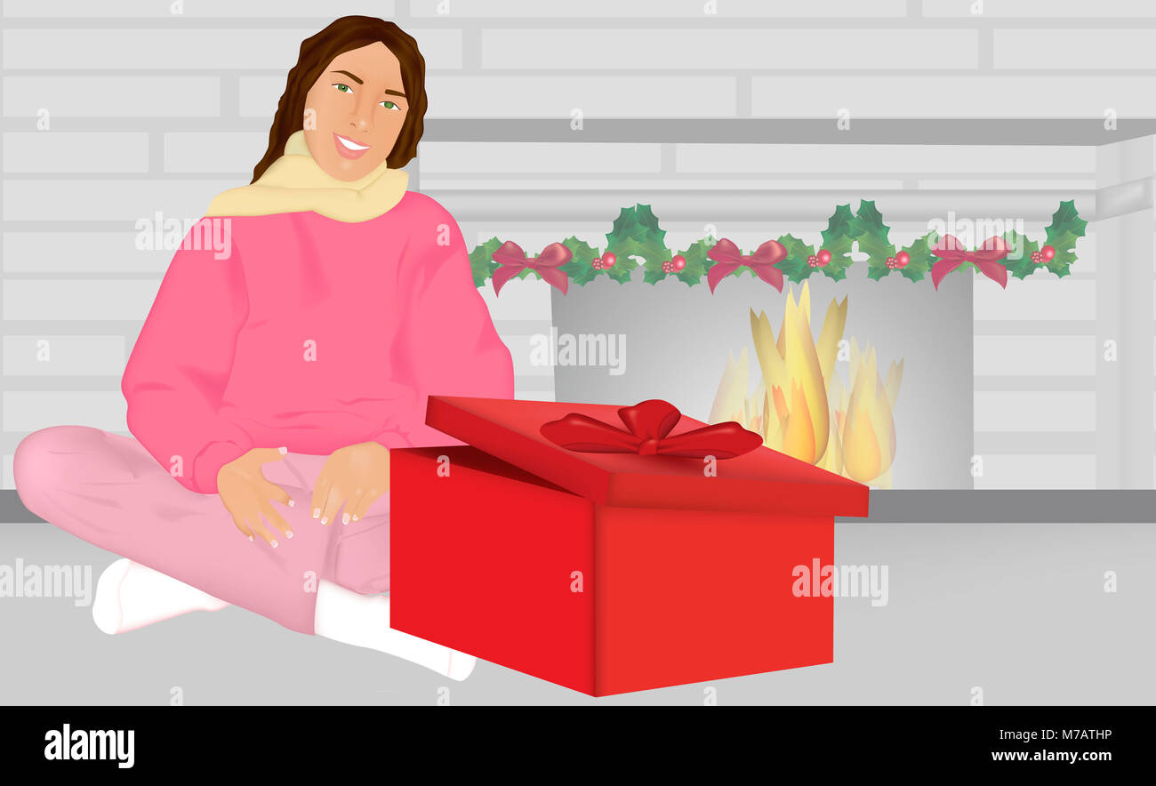 Portrait of a woman sitting behind an unwrapped Christmas present Stock Photo