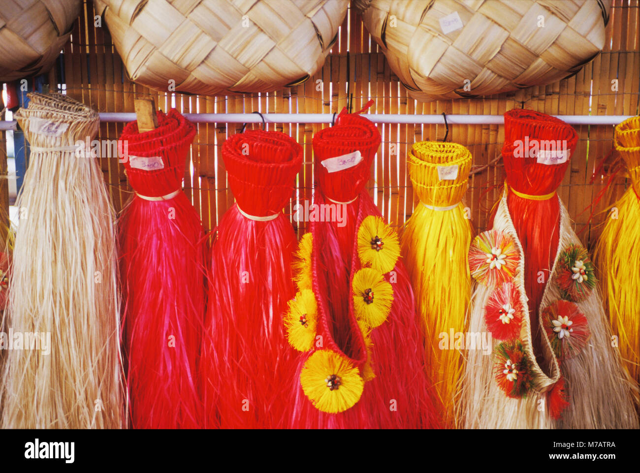 Grass skirt hanging at a market stall, Hawaii, USA Stock Photo