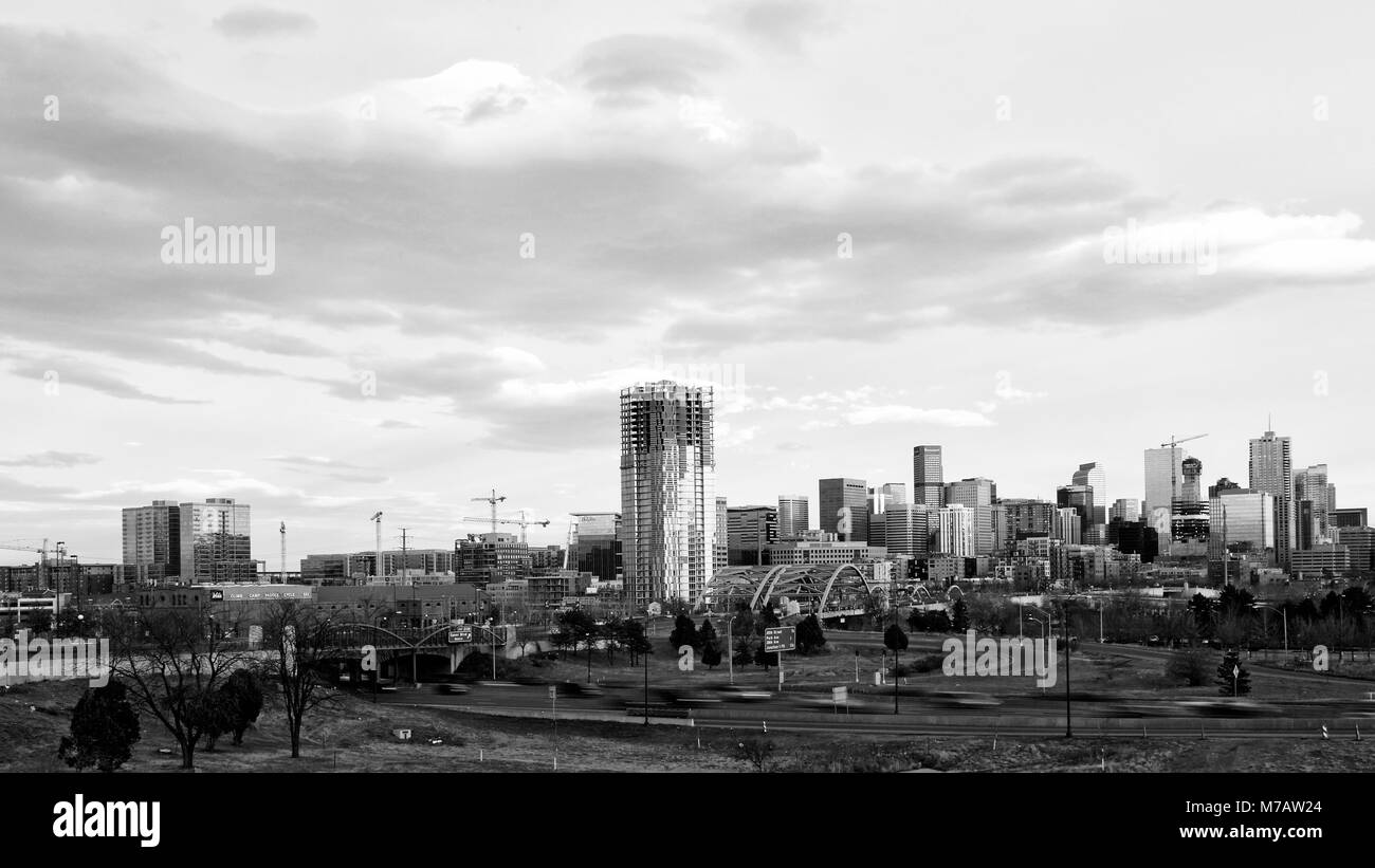 Denver skyline in black and white. Denver is the largest city and capital of the State of Colorado. Stock Photo