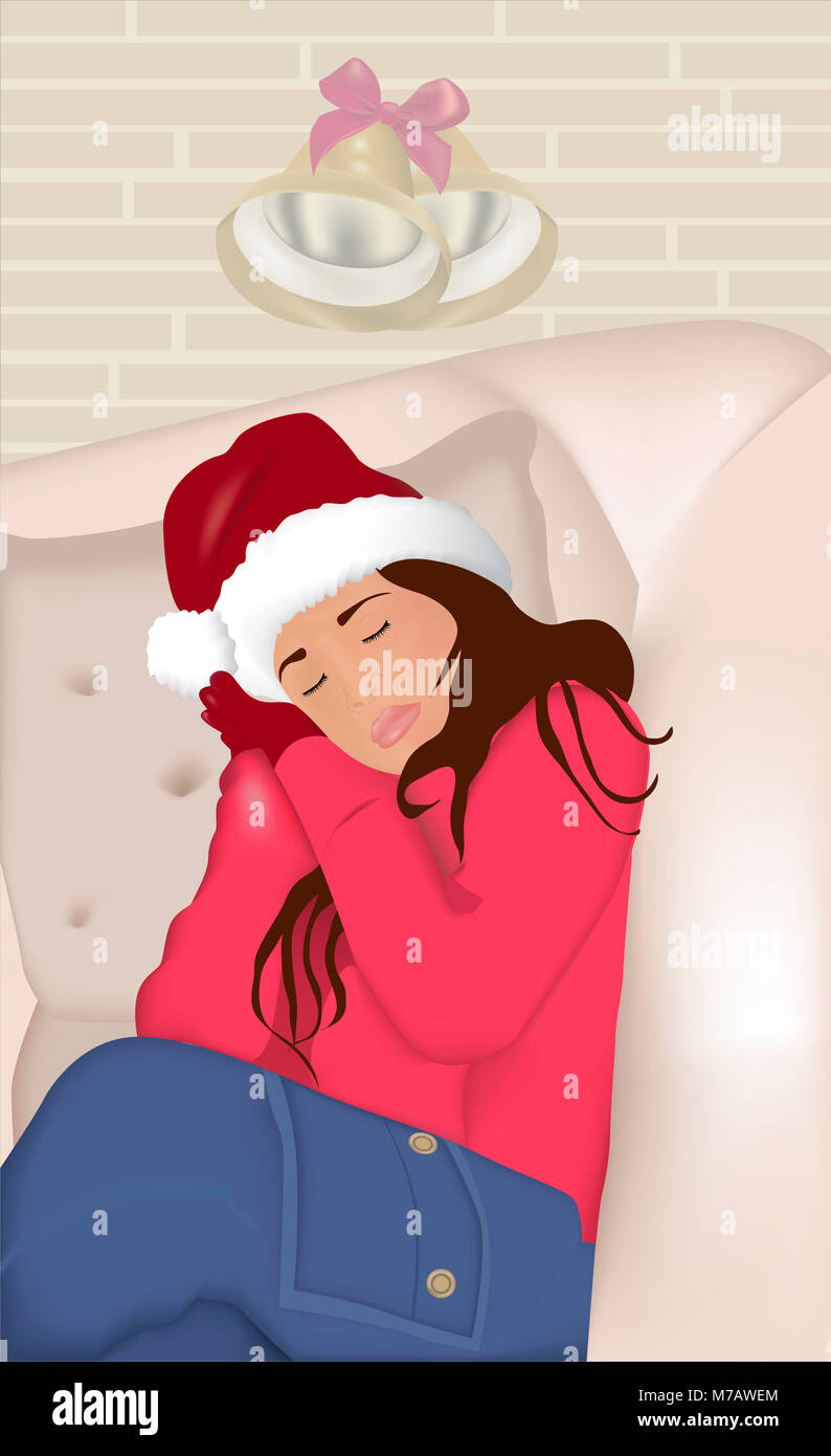 Woman wearing a santa hat sleeping on a couch hires stock photography